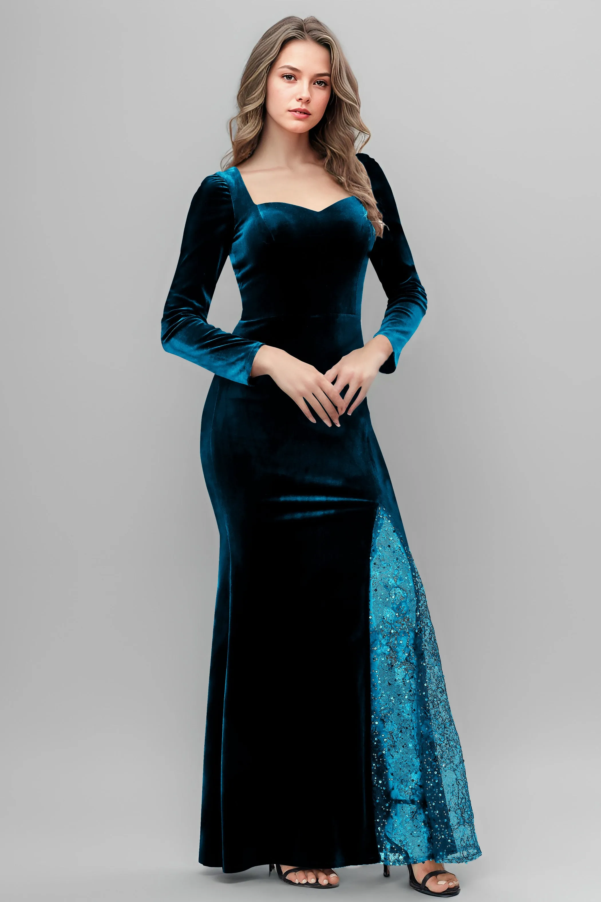 Chic Patchwork Sequin Lace Sweetheart Velvet Bridesmaid Dresses