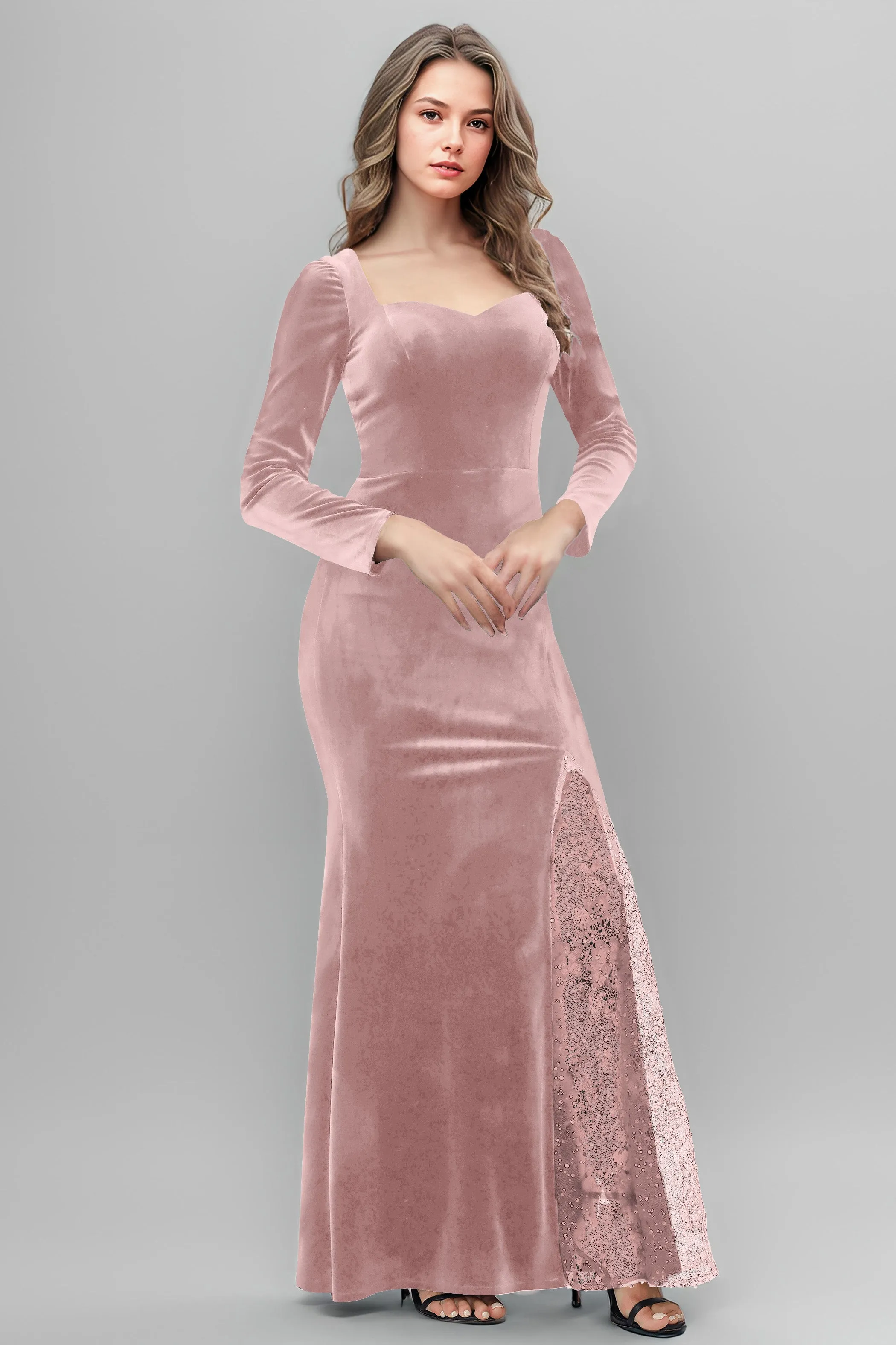 Chic Patchwork Sequin Lace Sweetheart Velvet Bridesmaid Dresses