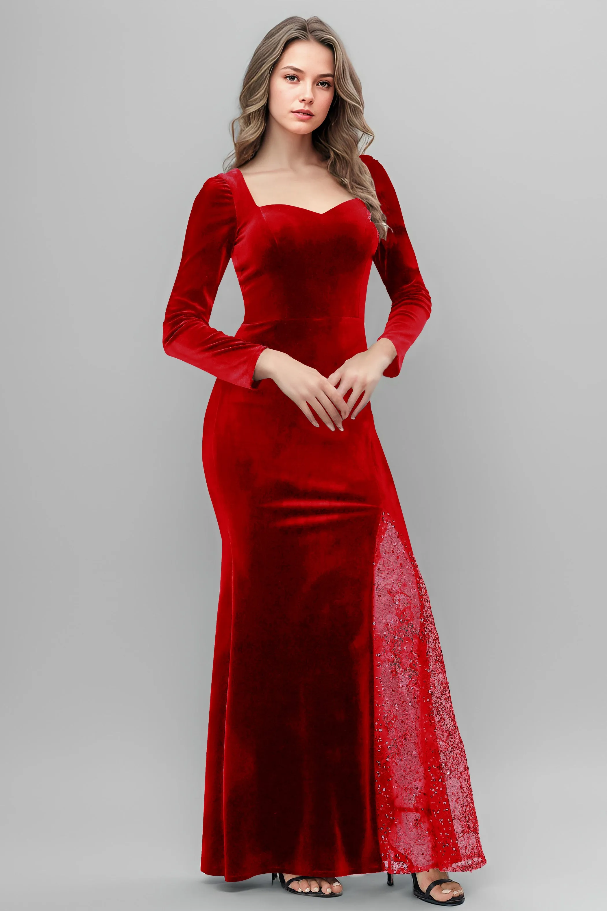 Chic Patchwork Sequin Lace Sweetheart Velvet Bridesmaid Dresses