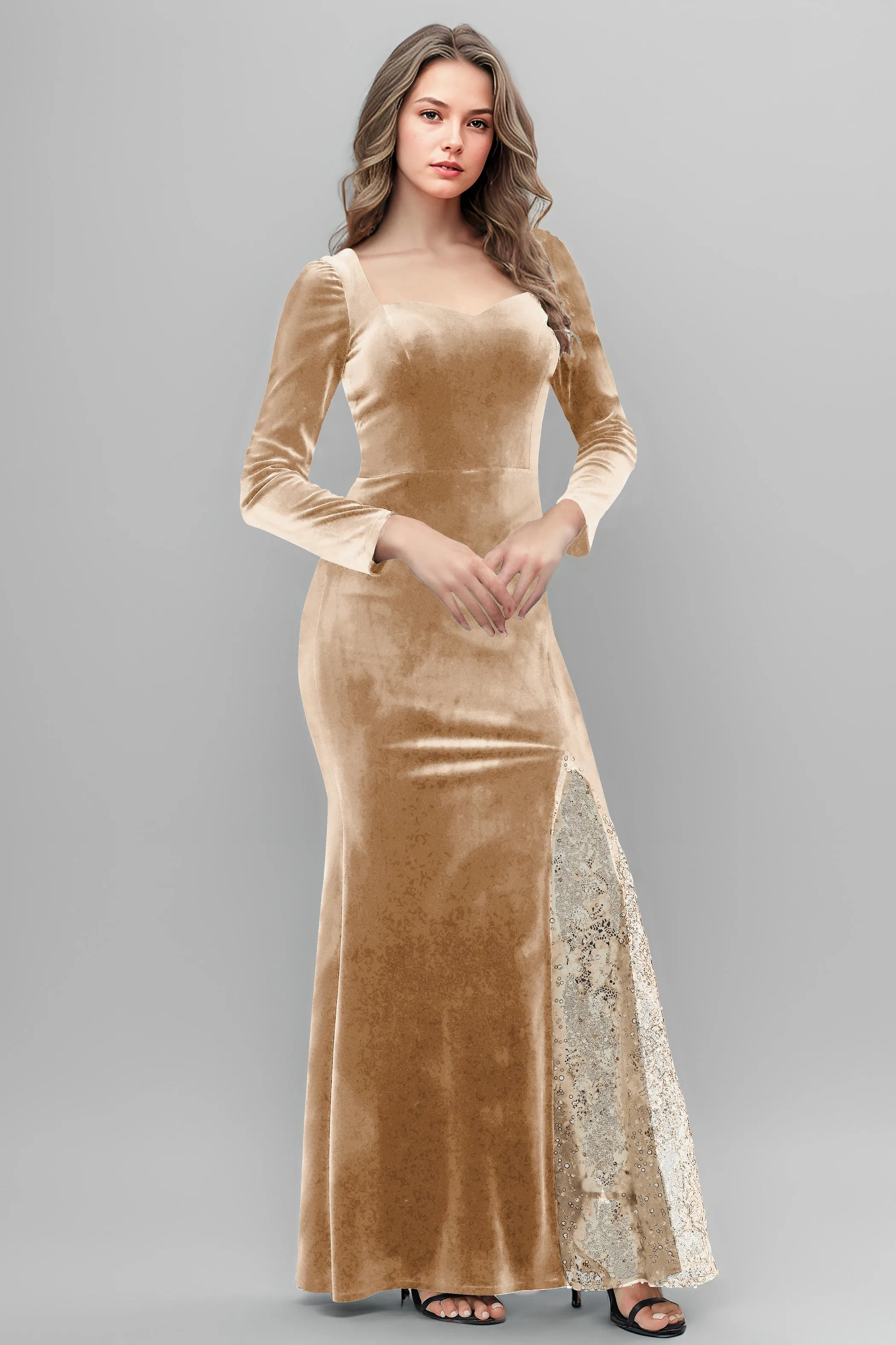 Chic Patchwork Sequin Lace Sweetheart Velvet Bridesmaid Dresses
