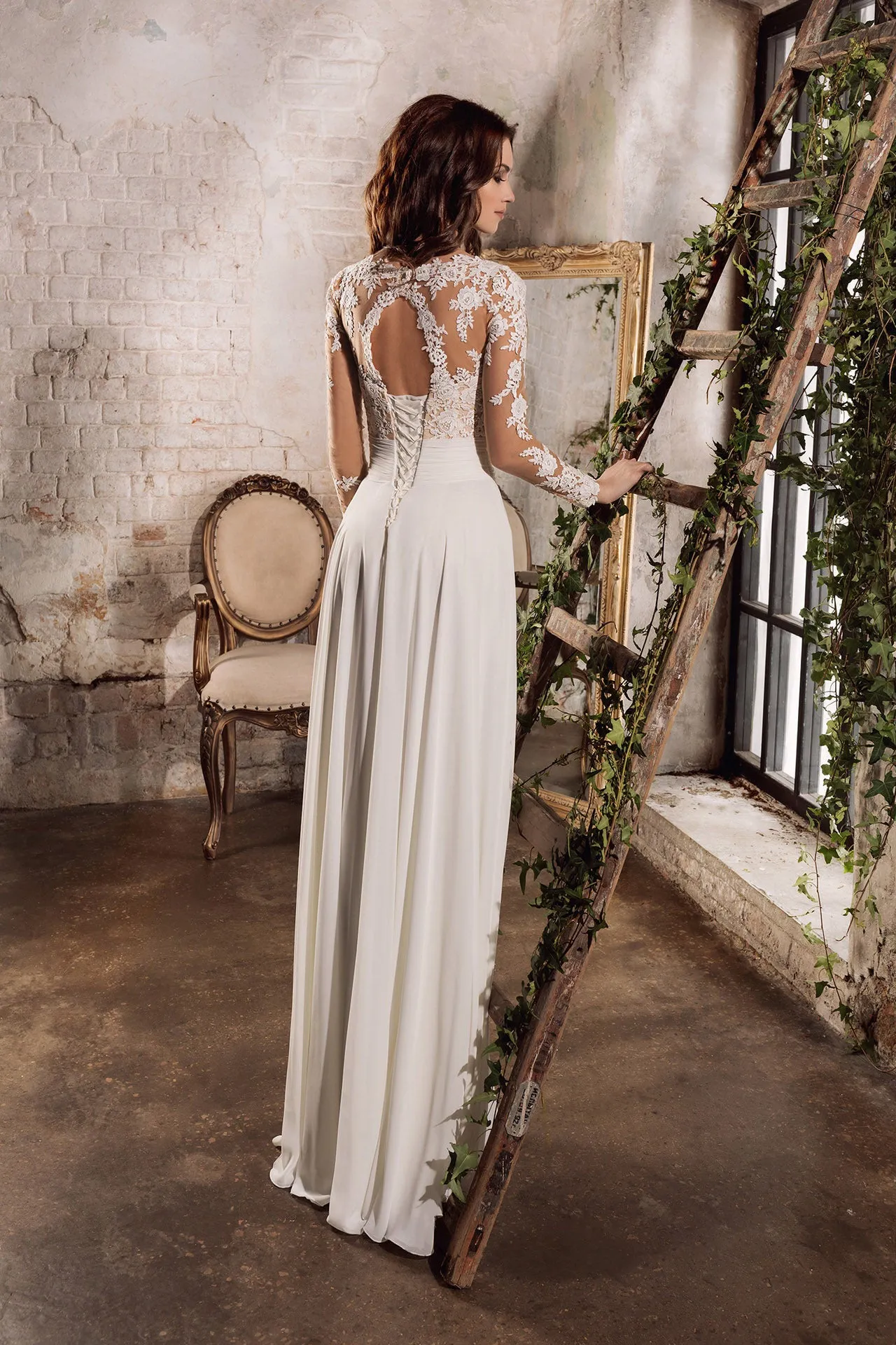 Chiffon and Lace Bodice V-neck Wedding Dress with Keyhole Back and Side Split-715726