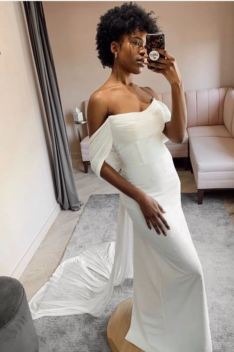 Chiffon Pearls Wedding Gown with Off-the-shoulder Ribbons