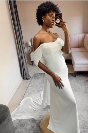 Chiffon Pearls Wedding Gown with Off-the-shoulder Ribbons