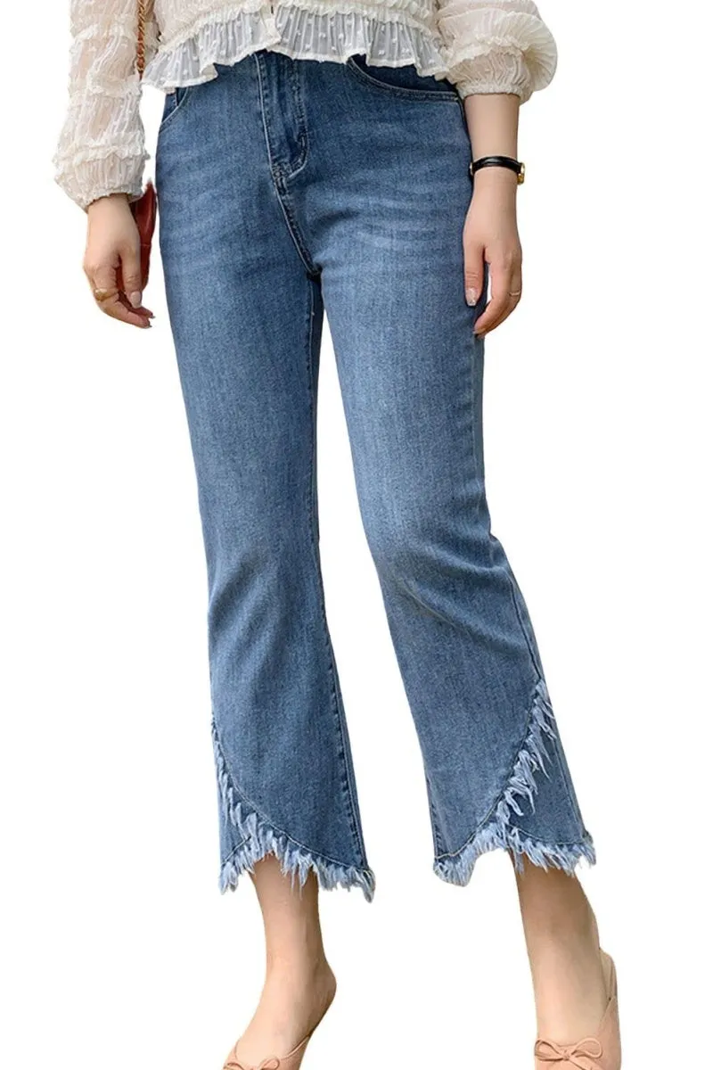 Chouyatou Women Cute Stretch Denim Jeans Ripped Distressed Frayed Hem Denim Pants Tassel Fringe Cropped Jeans