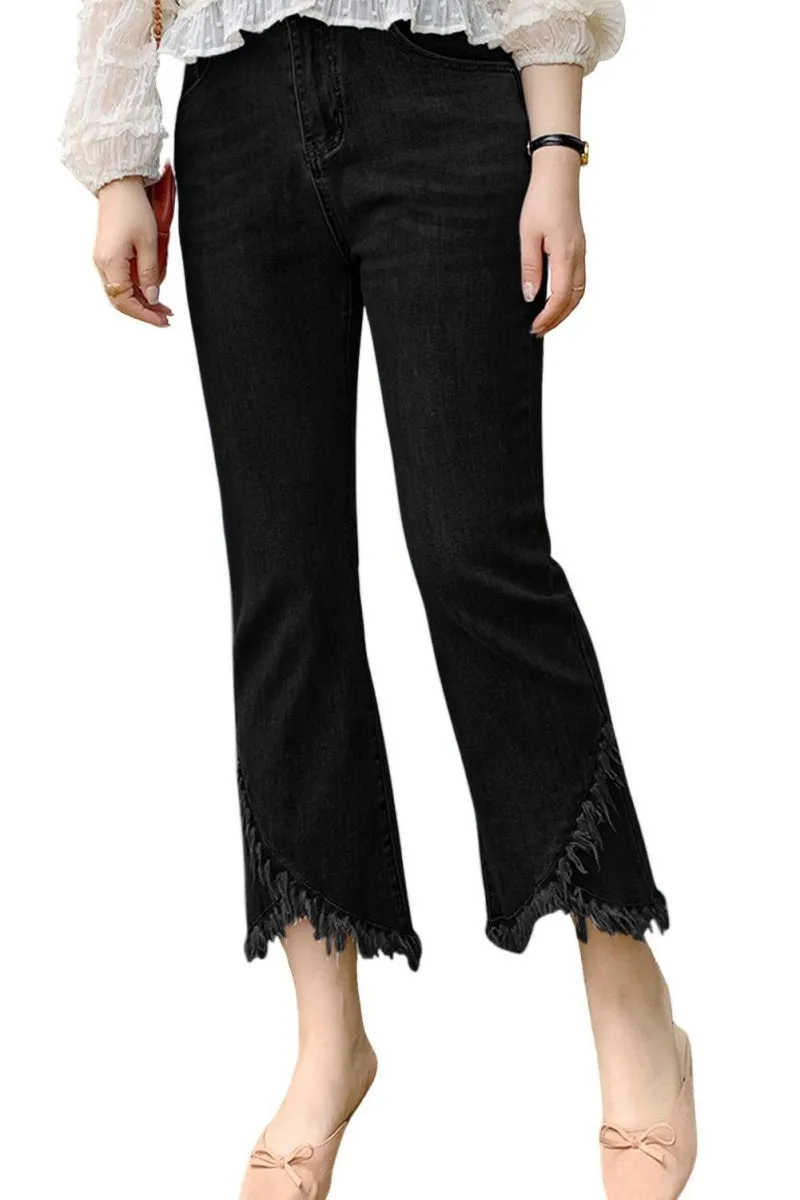 Chouyatou Women Cute Stretch Denim Jeans Ripped Distressed Frayed Hem Denim Pants Tassel Fringe Cropped Jeans