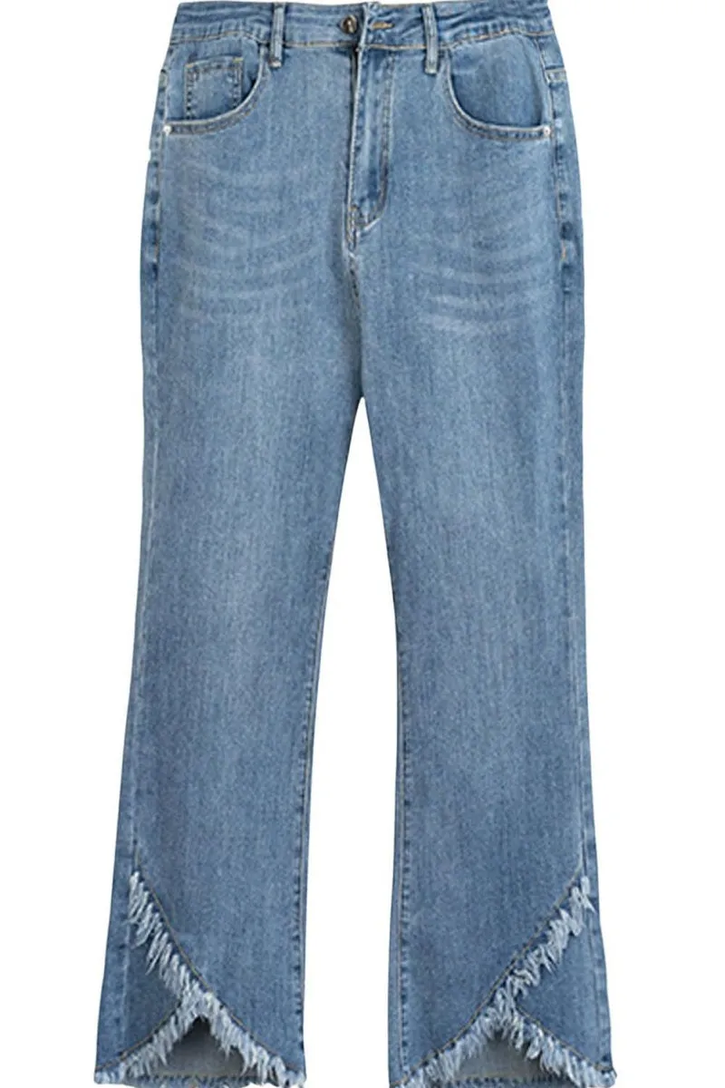 Chouyatou Women Cute Stretch Denim Jeans Ripped Distressed Frayed Hem Denim Pants Tassel Fringe Cropped Jeans