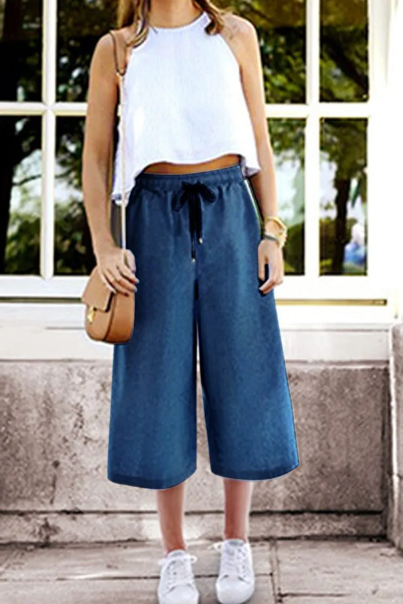 Chouyatou Women Elastic Waist Wide Leg Capris Cropped Denim Pants Jeans Palazzo Culottes with Pocket