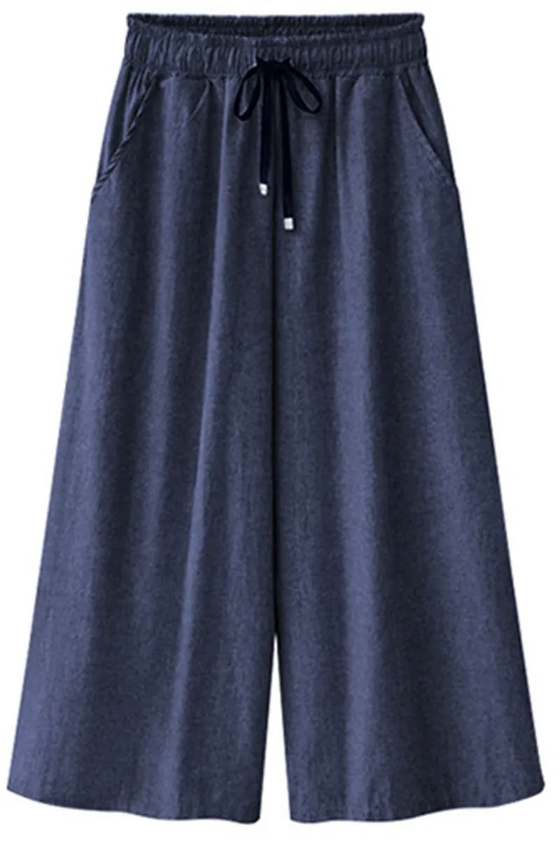 Chouyatou Women Elastic Waist Wide Leg Capris Cropped Denim Pants Jeans Palazzo Culottes with Pocket