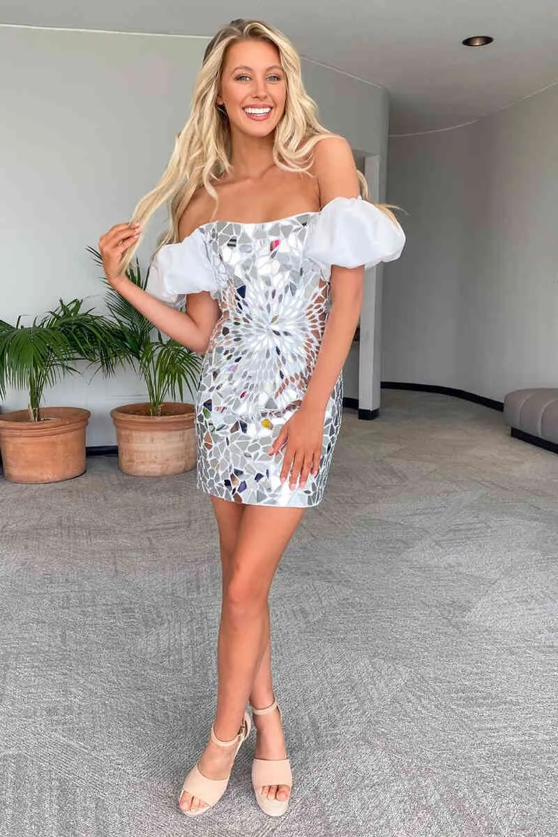 Cindy | Black Cut Glass Mirror Off-the-Shoulder Short Party Dress