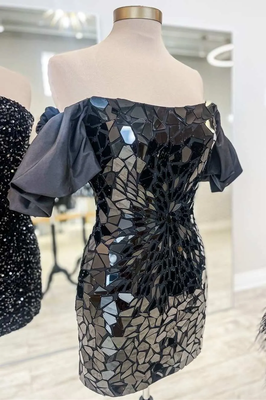 Cindy | Black Cut Glass Mirror Off-the-Shoulder Short Party Dress