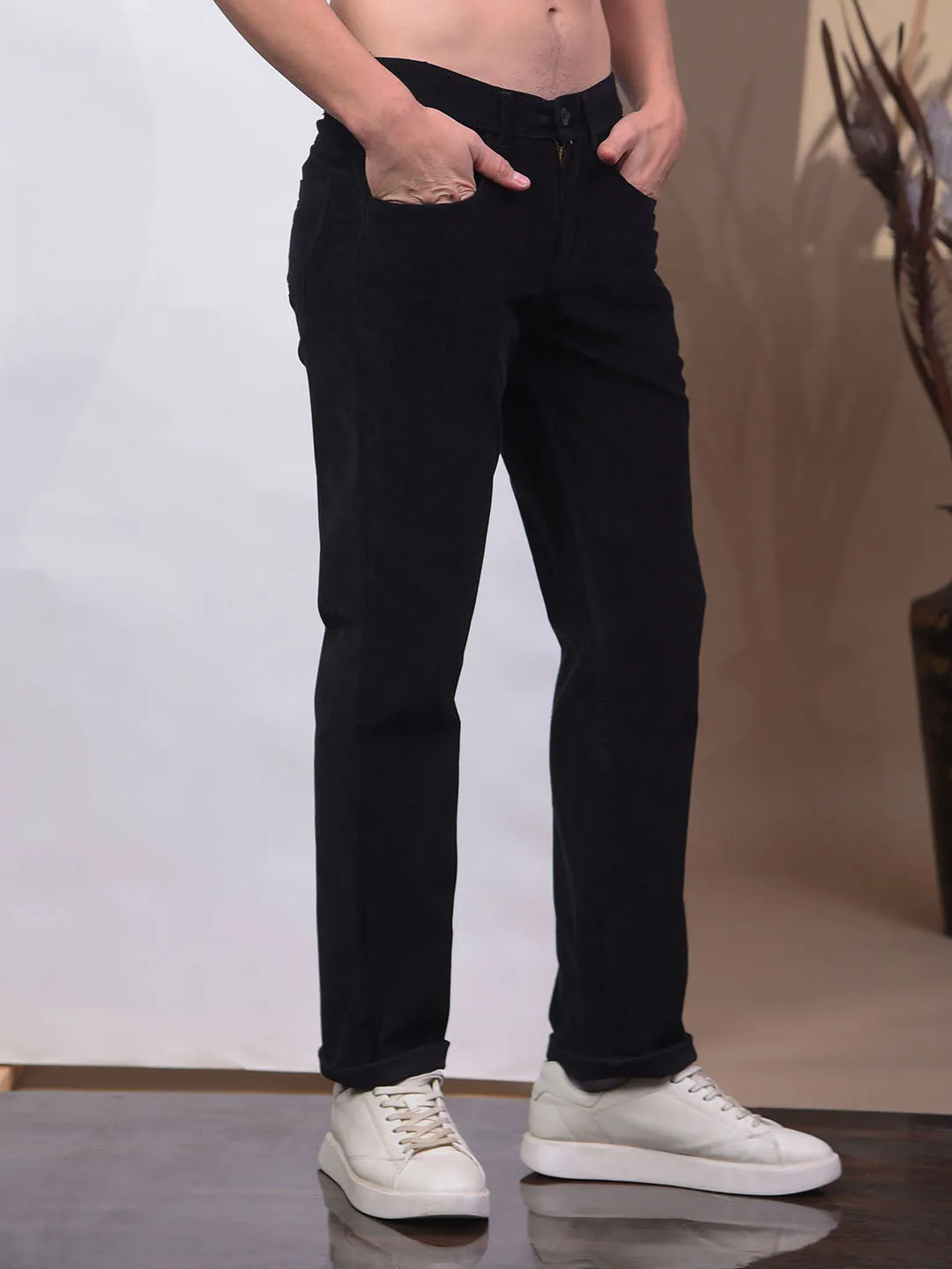 COBB BLACK STRAIGHT-FIT CASUAL CORDUROY TROUSER