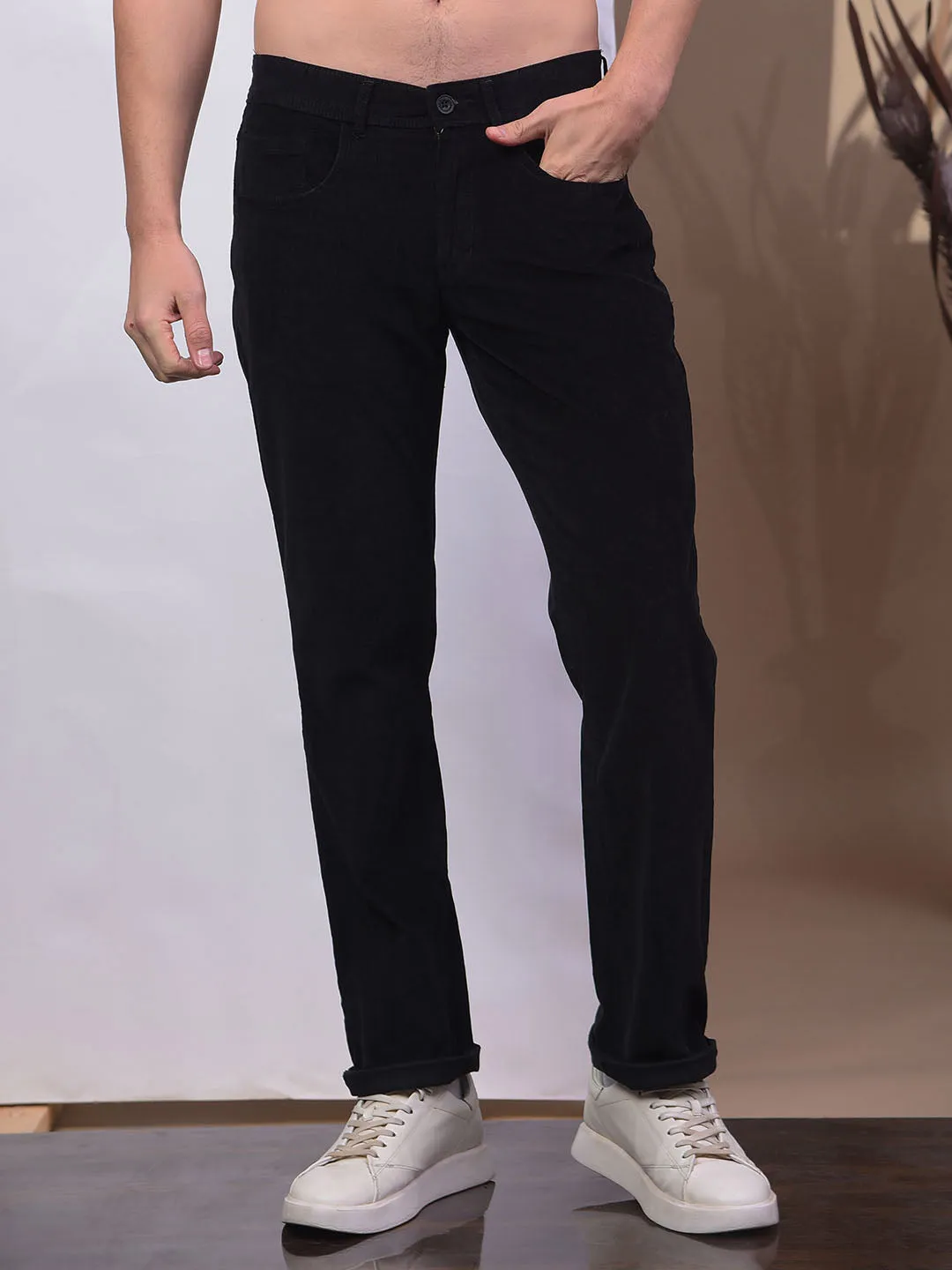 COBB BLACK STRAIGHT-FIT CASUAL CORDUROY TROUSER