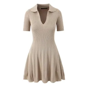 Collared Deep V Rib Knit Fit and Flare Mini Dress