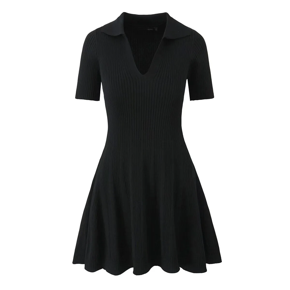 Collared Deep V Rib Knit Fit and Flare Mini Dress