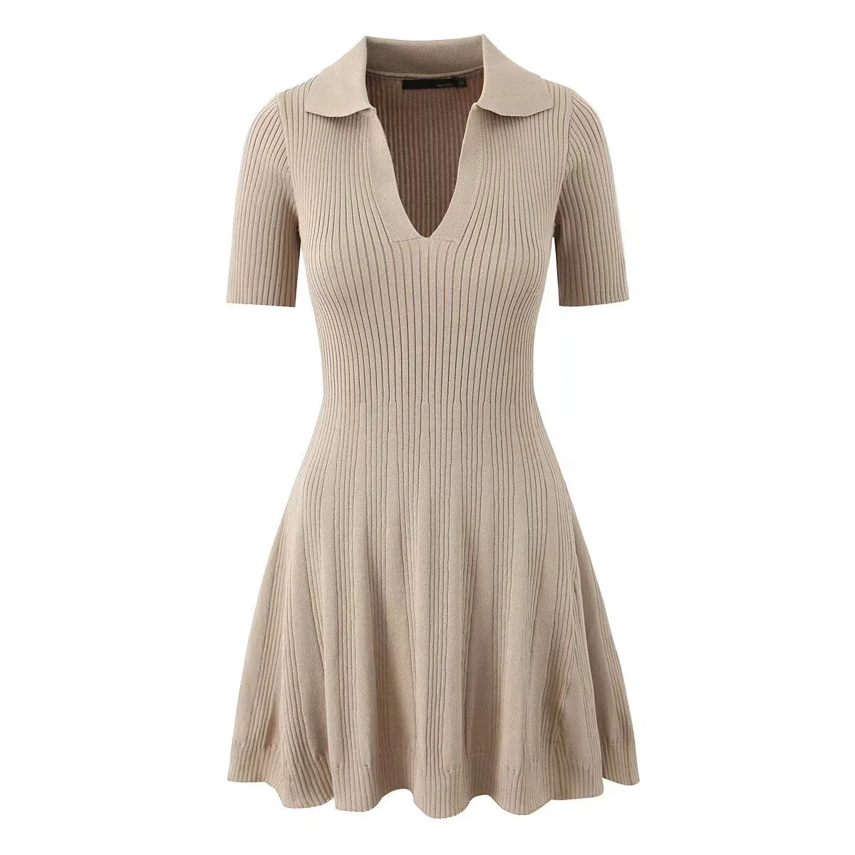 Collared Deep V Rib Knit Fit and Flare Mini Dress