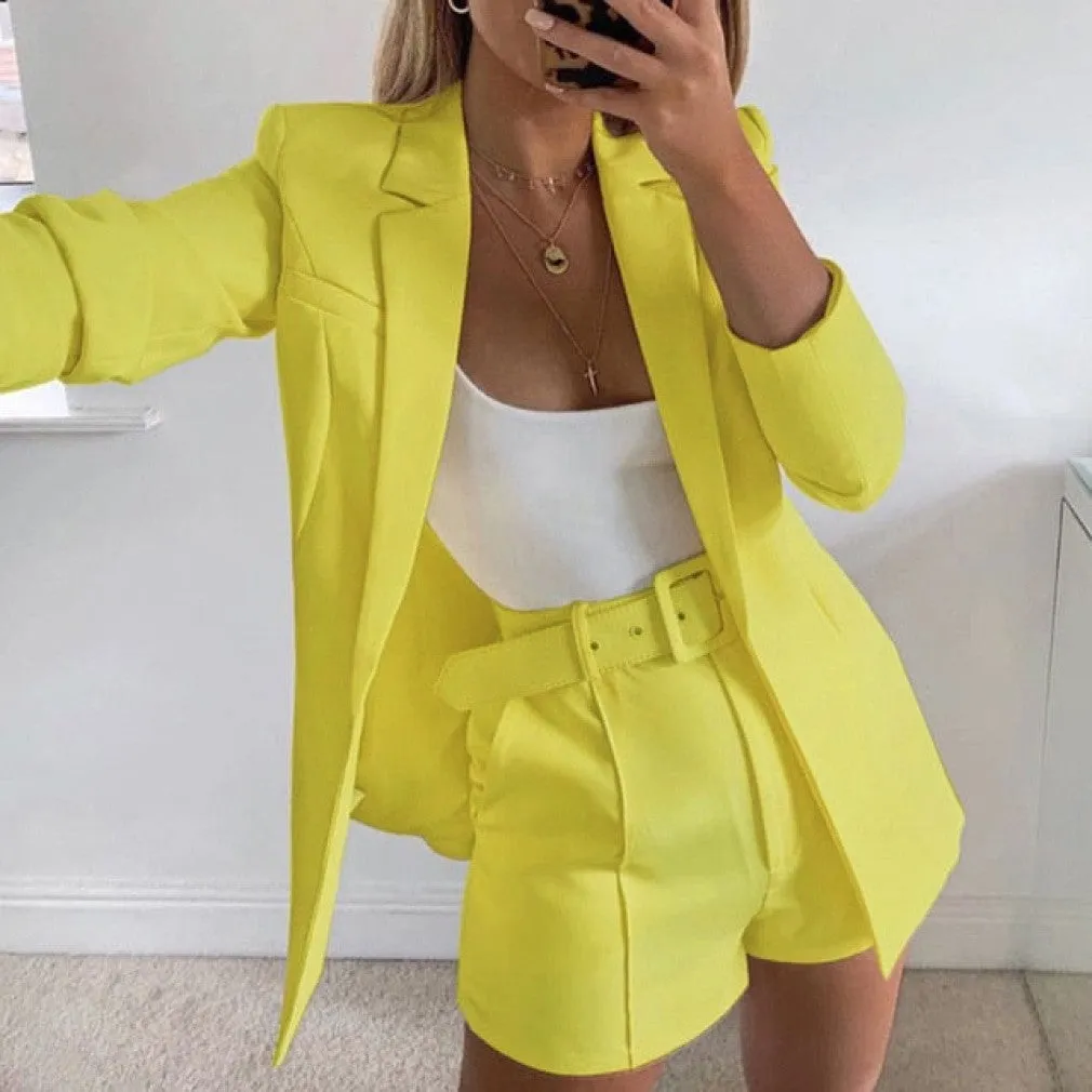 ContiNent 33 Two Piece Blazer Suit Women Office Sets Autumn Long Sleeve Cardigan Blazer Shorts Solid 2 Piece Set Lady Casual Blazers Set