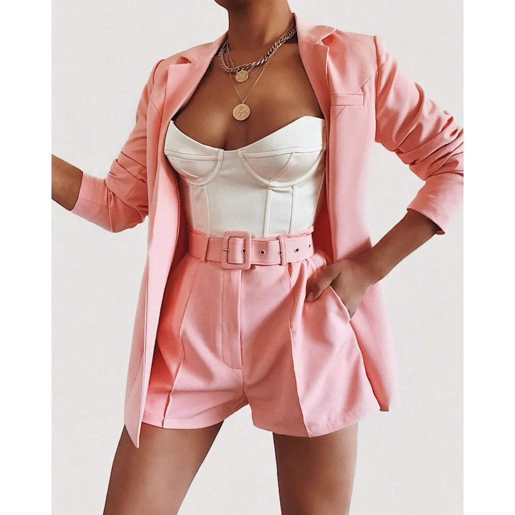 ContiNent 33 Two Piece Blazer Suit Women Office Sets Autumn Long Sleeve Cardigan Blazer Shorts Solid 2 Piece Set Lady Casual Blazers Set