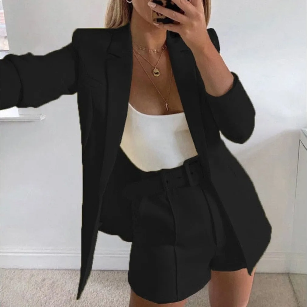 ContiNent 33 Two Piece Blazer Suit Women Office Sets Autumn Long Sleeve Cardigan Blazer Shorts Solid 2 Piece Set Lady Casual Blazers Set
