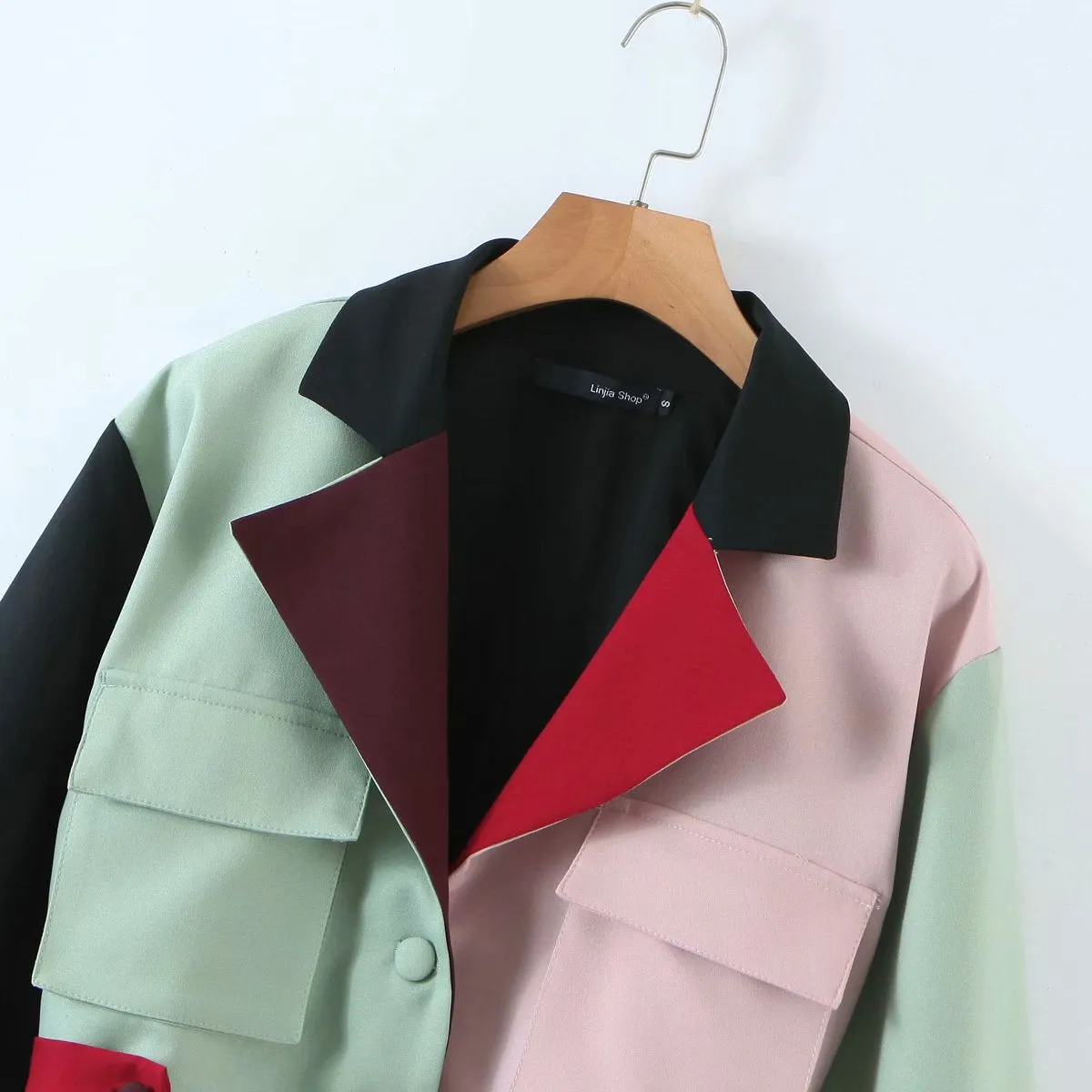 Contrast Lapel Single-breasted Lantern Sleeve Blazers