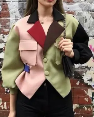 Contrast Lapel Single-breasted Lantern Sleeve Blazers