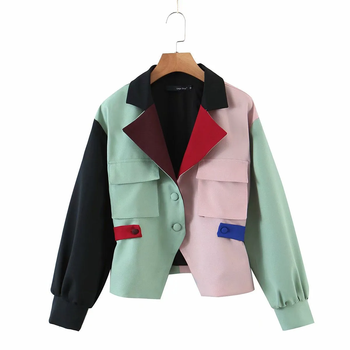 Contrast Lapel Single-breasted Lantern Sleeve Blazers