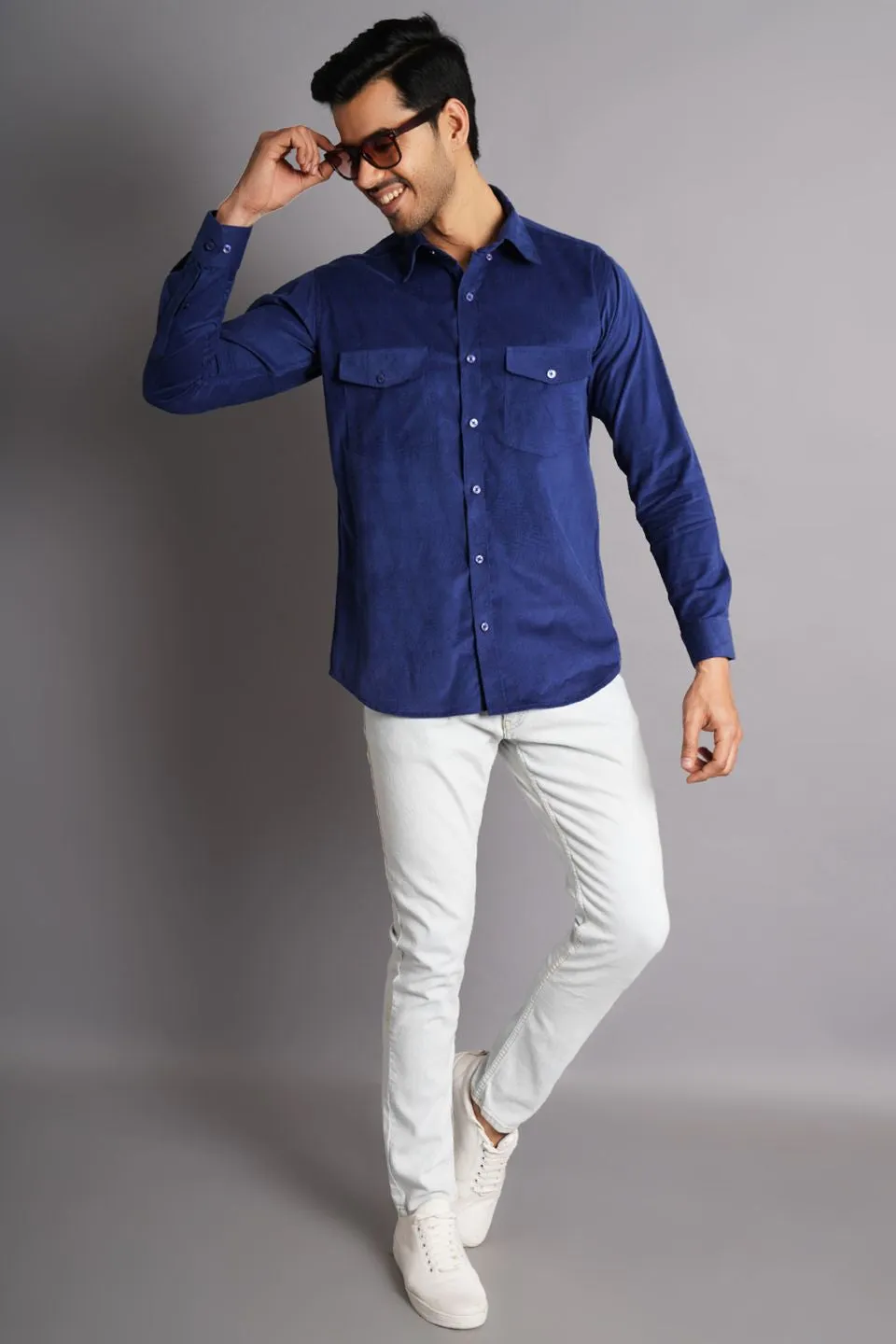 Corduroy Cotton Blue Solid Shirt