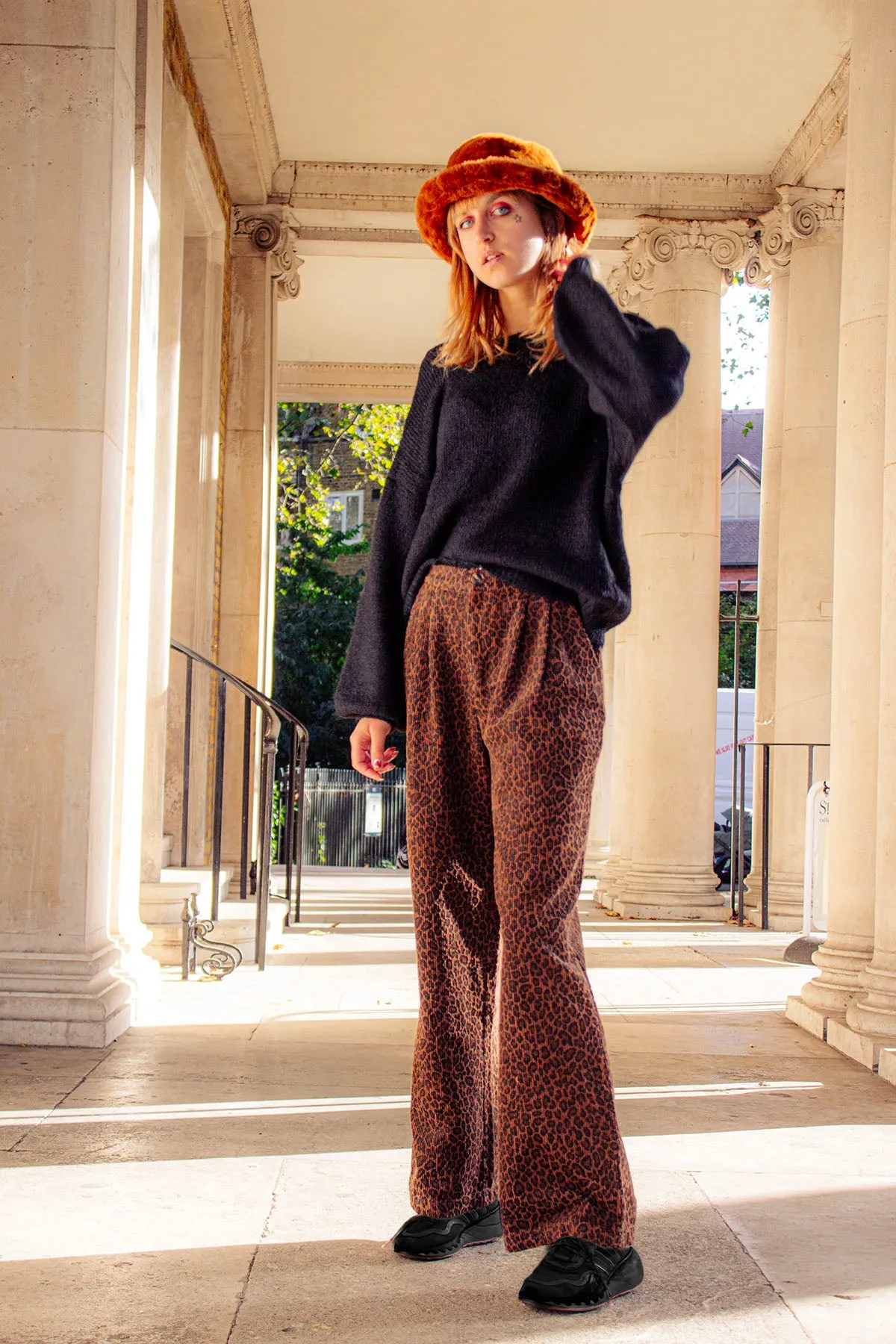Corduroy Leopard Print Wide Leg Trousers