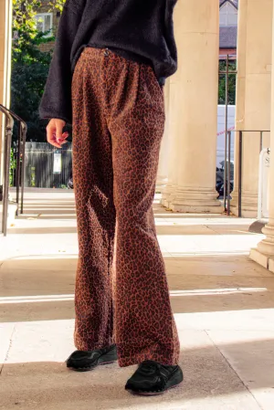Corduroy Leopard Print Wide Leg Trousers