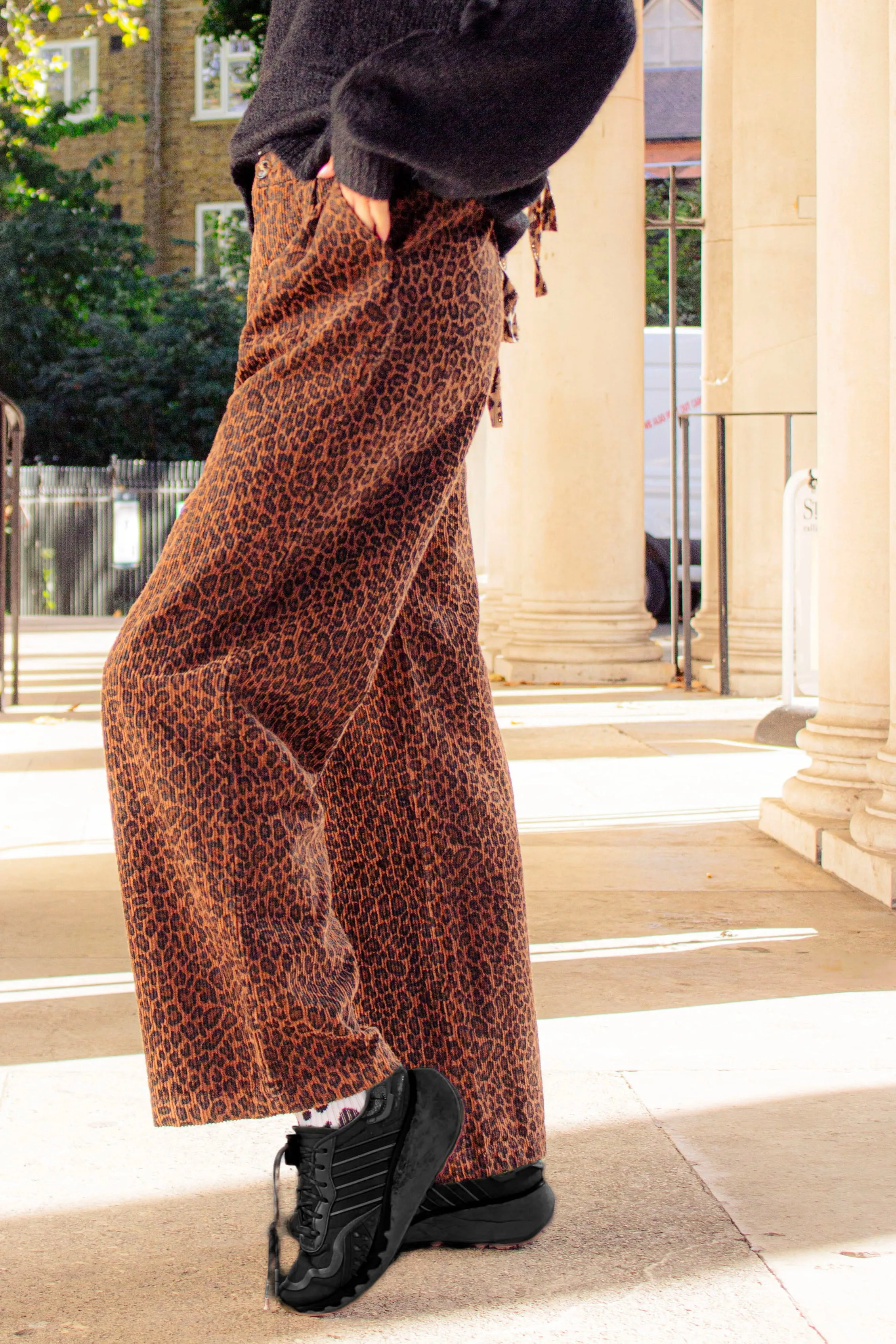 Corduroy Leopard Print Wide Leg Trousers
