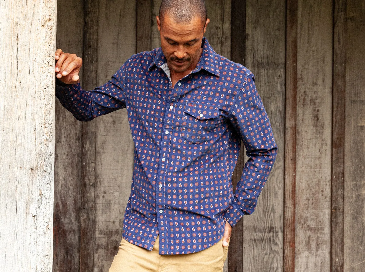 Corduroy Pearl Snap Paisley Print