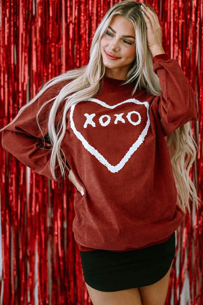 Corduroy Red XOXO Heart Graphic Sweatshirt