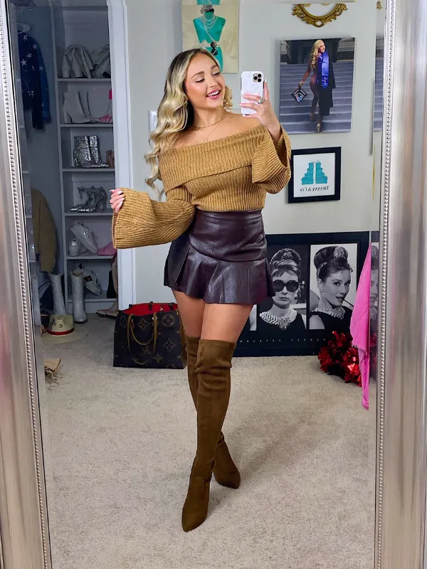 Cozy Debut Off The Shoulder Sweater, Camel
