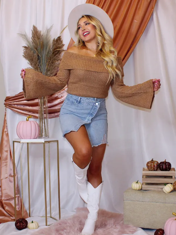 Cozy Debut Off The Shoulder Sweater, Camel