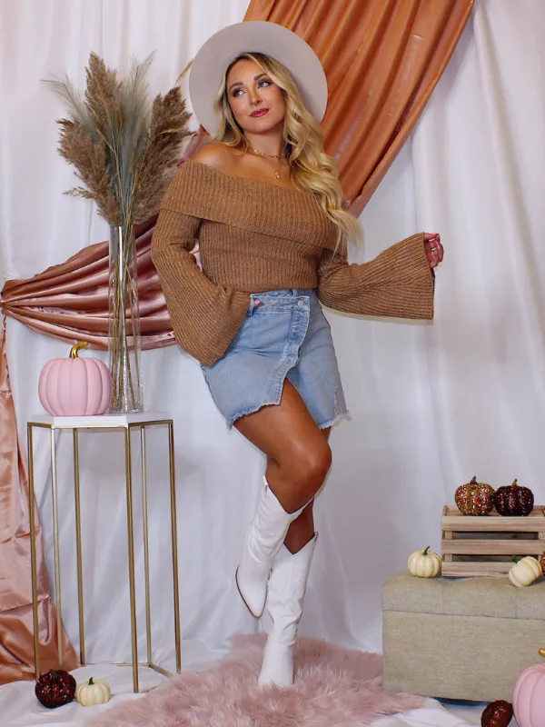 Cozy Debut Off The Shoulder Sweater, Camel
