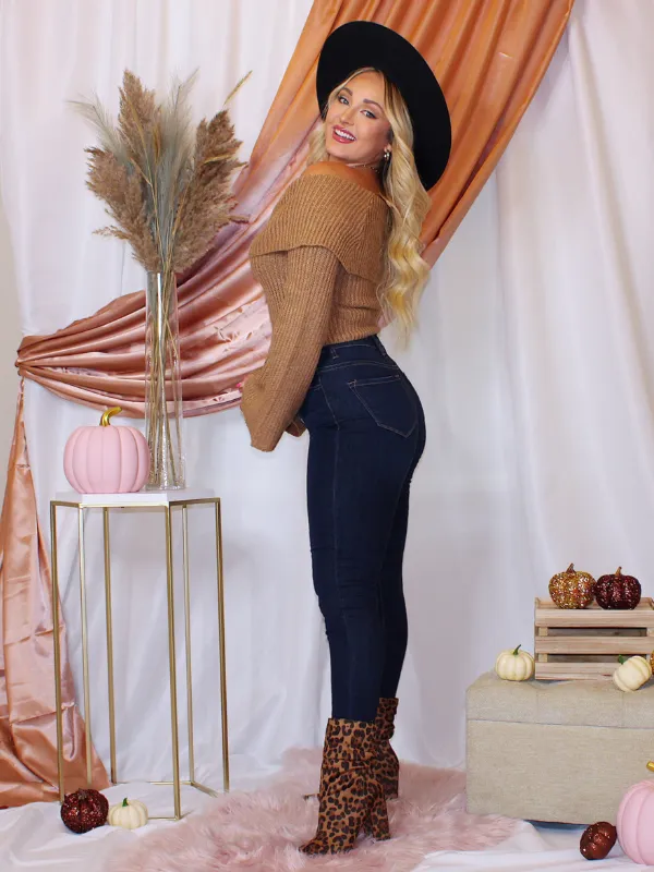 Cozy Debut Off The Shoulder Sweater, Camel