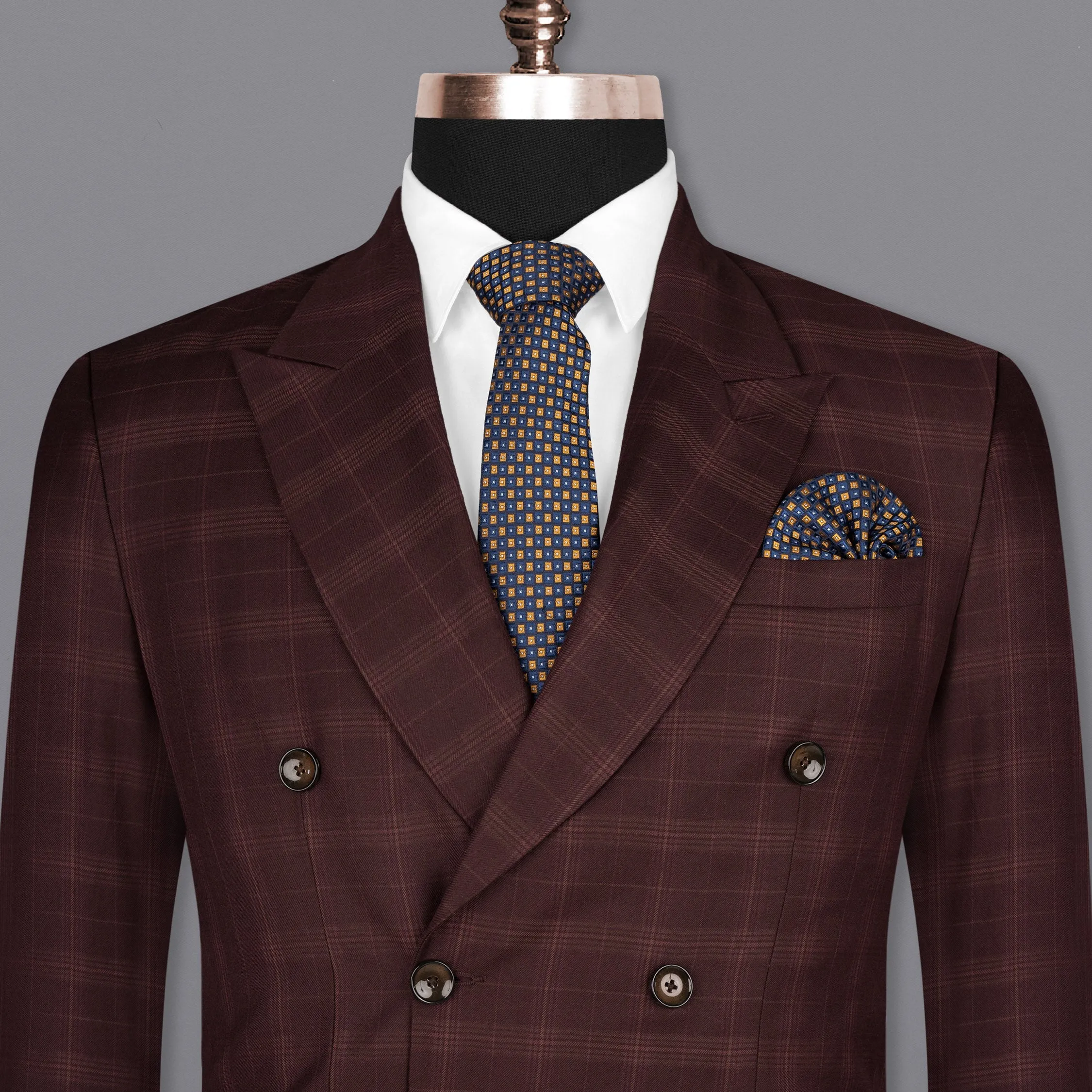 Crater Brown Super fine Plaid Double Breasted Wool Rich Blazer