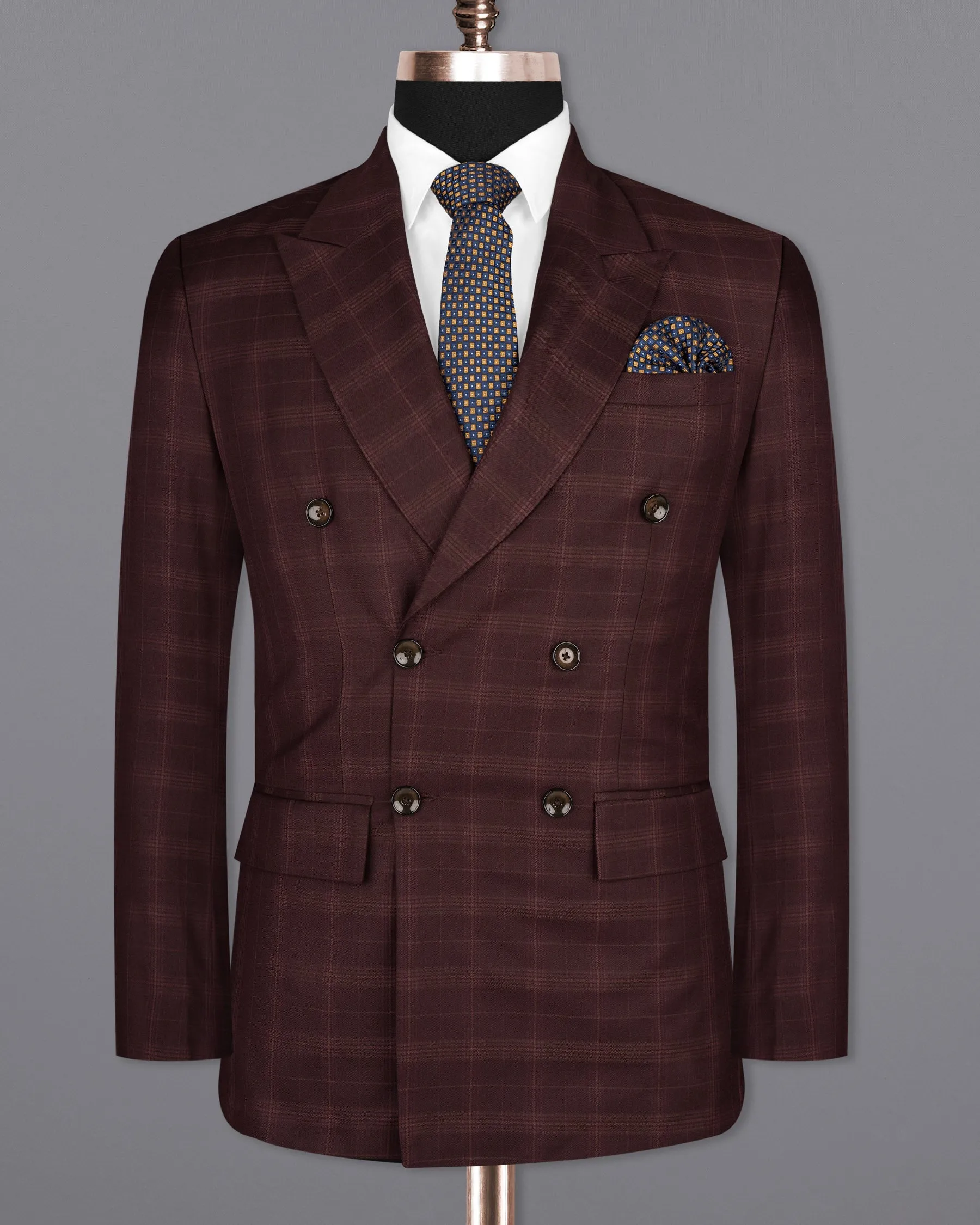 Crater Brown Super fine Plaid Double Breasted Wool Rich Blazer