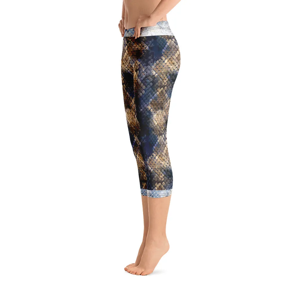 Crazy-Ass Leggings - Dark and Light Blue Snake - Capri Leggings