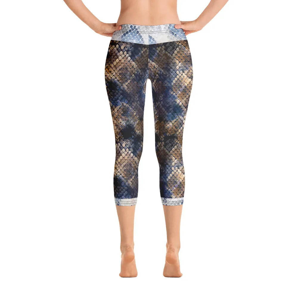 Crazy-Ass Leggings - Dark and Light Blue Snake - Capri Leggings