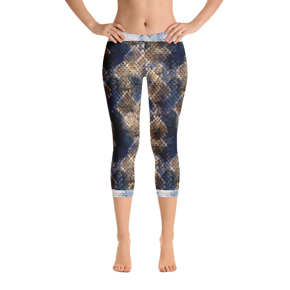 Crazy-Ass Leggings - Dark and Light Blue Snake - Capri Leggings
