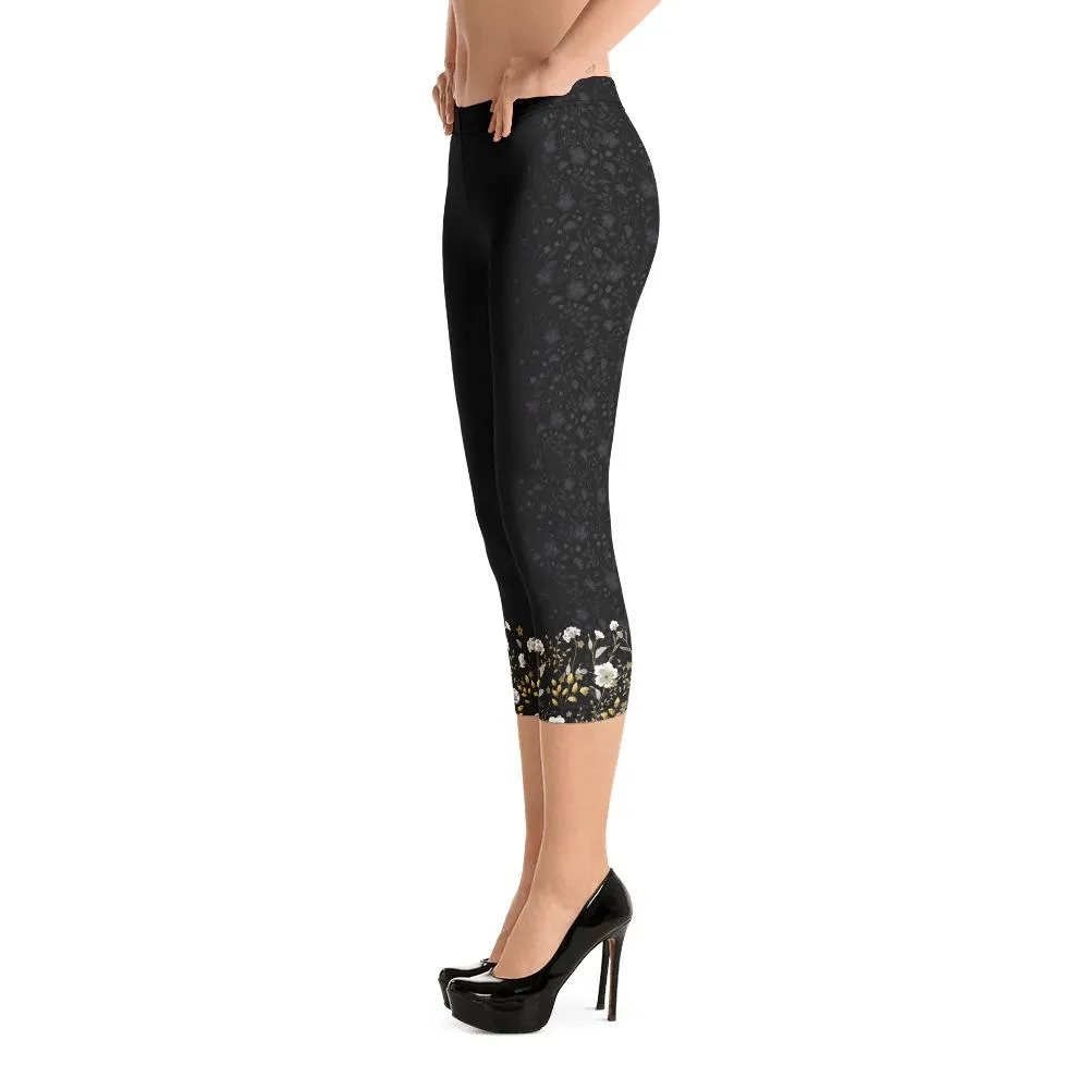 Crazy-Ass Leggings - Jacquard Black and Gold Floral - Capri Leggings