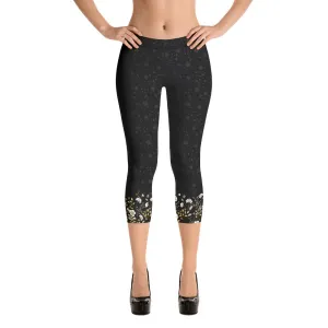 Crazy-Ass Leggings - Jacquard Black and Gold Floral - Capri Leggings