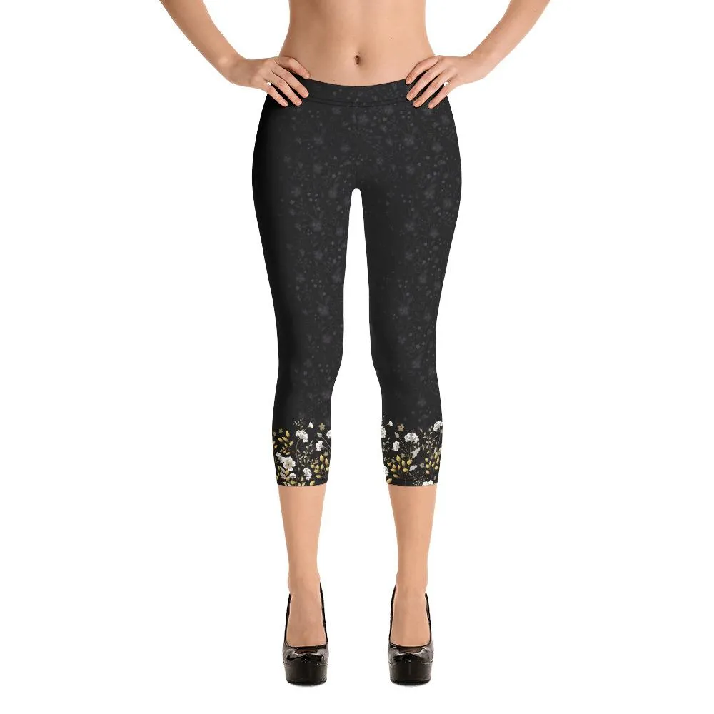 Crazy-Ass Leggings - Jacquard Black and Gold Floral - Capri Leggings