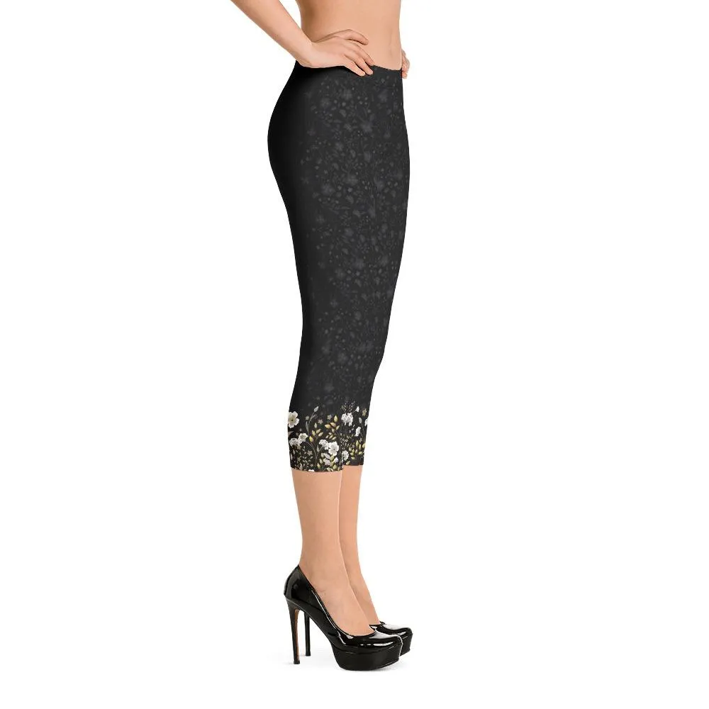 Crazy-Ass Leggings - Jacquard Black and Gold Floral - Capri Leggings