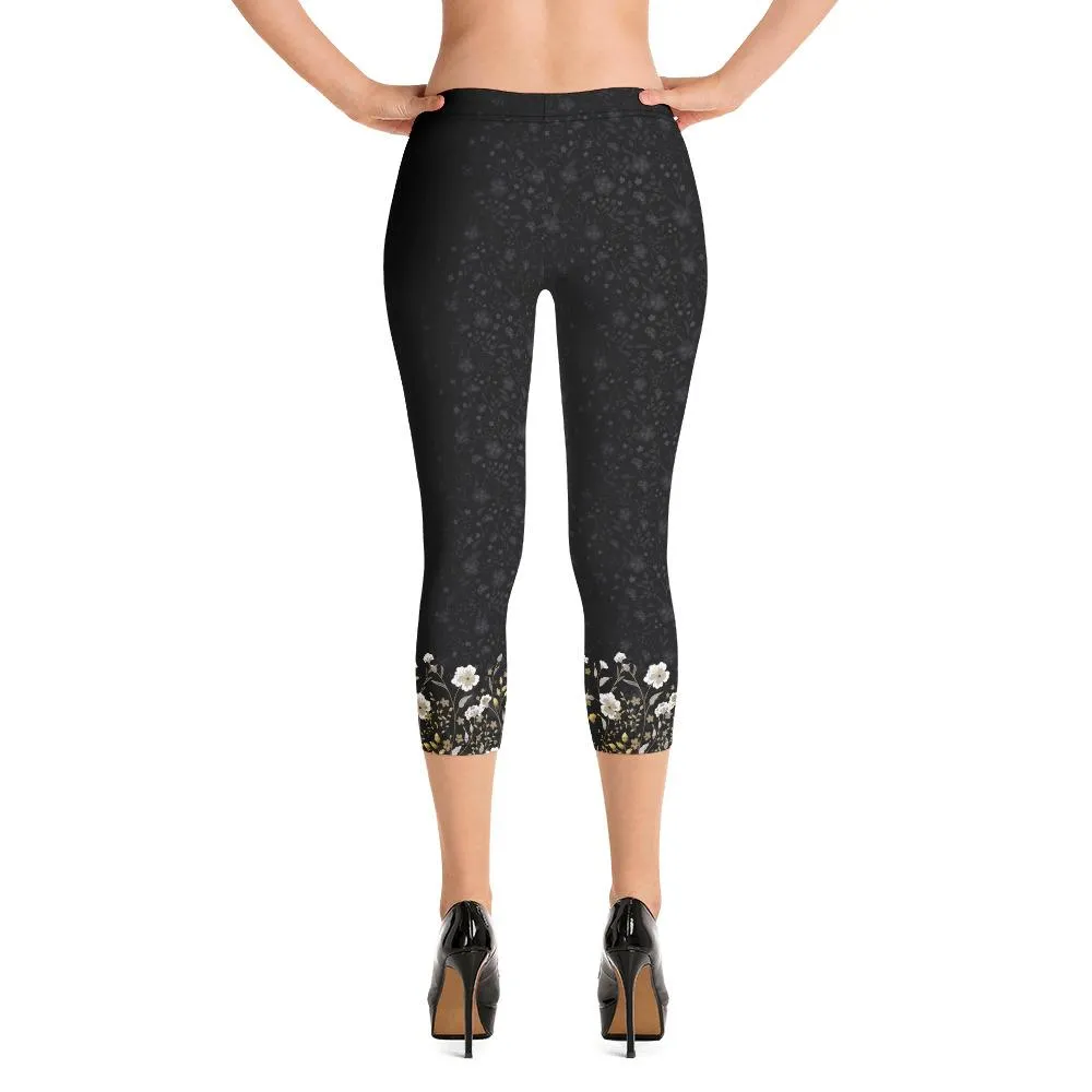 Crazy-Ass Leggings - Jacquard Black and Gold Floral - Capri Leggings