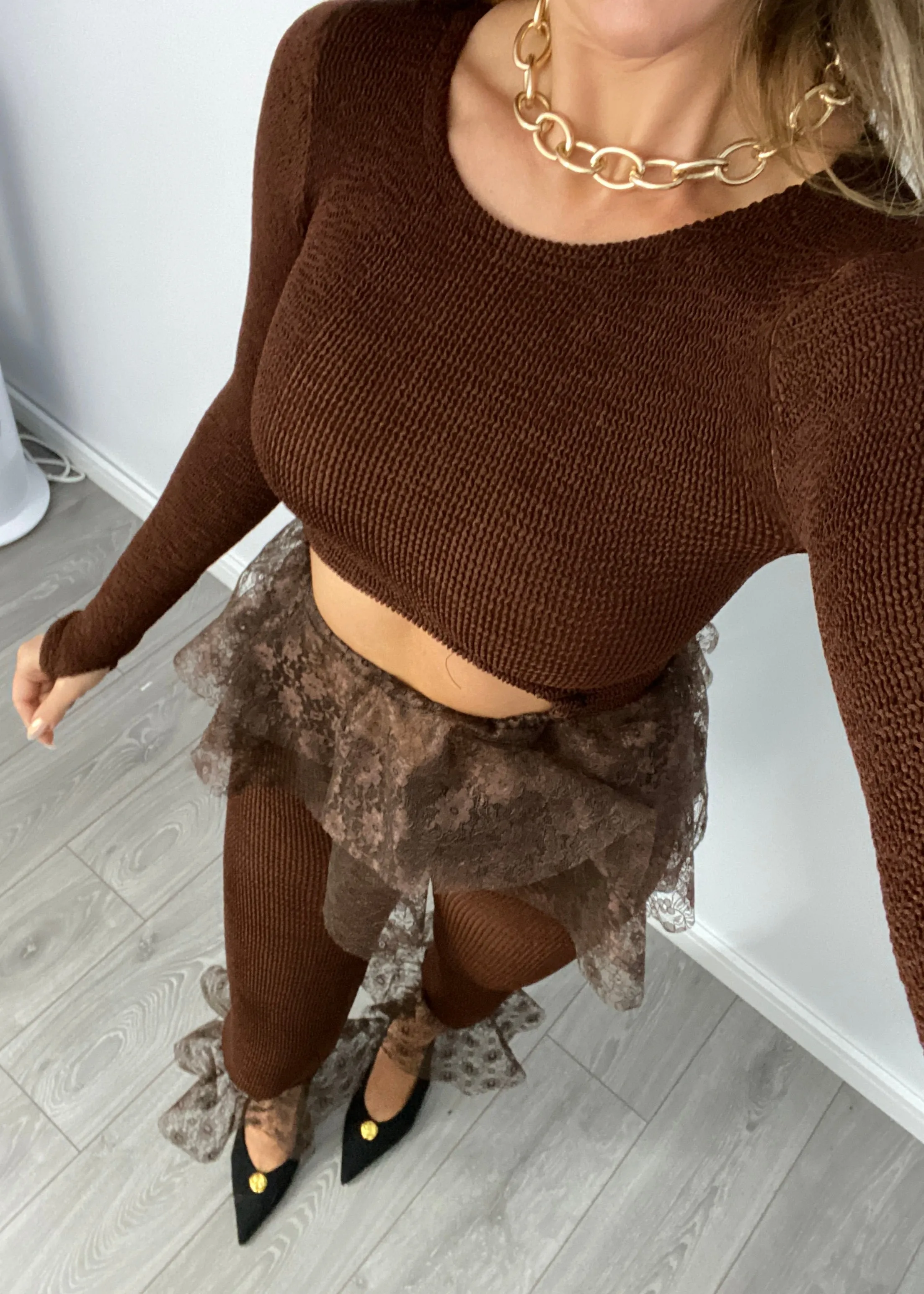 Crinkle Lace Peplum Top & Capris in Chocolate Brown