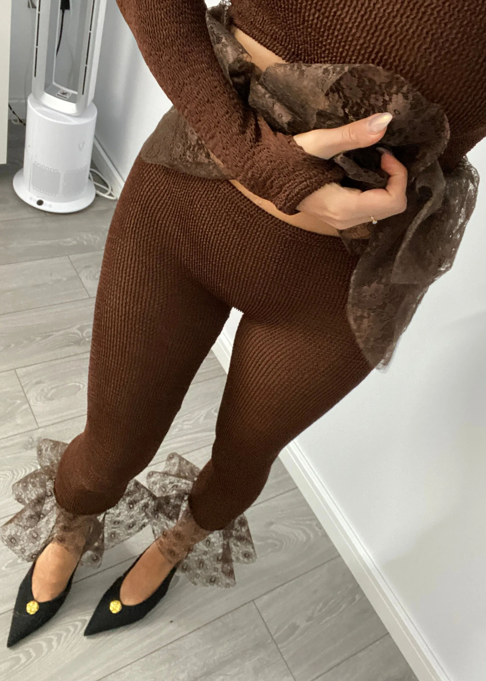 Crinkle Lace Peplum Top & Capris in Chocolate Brown
