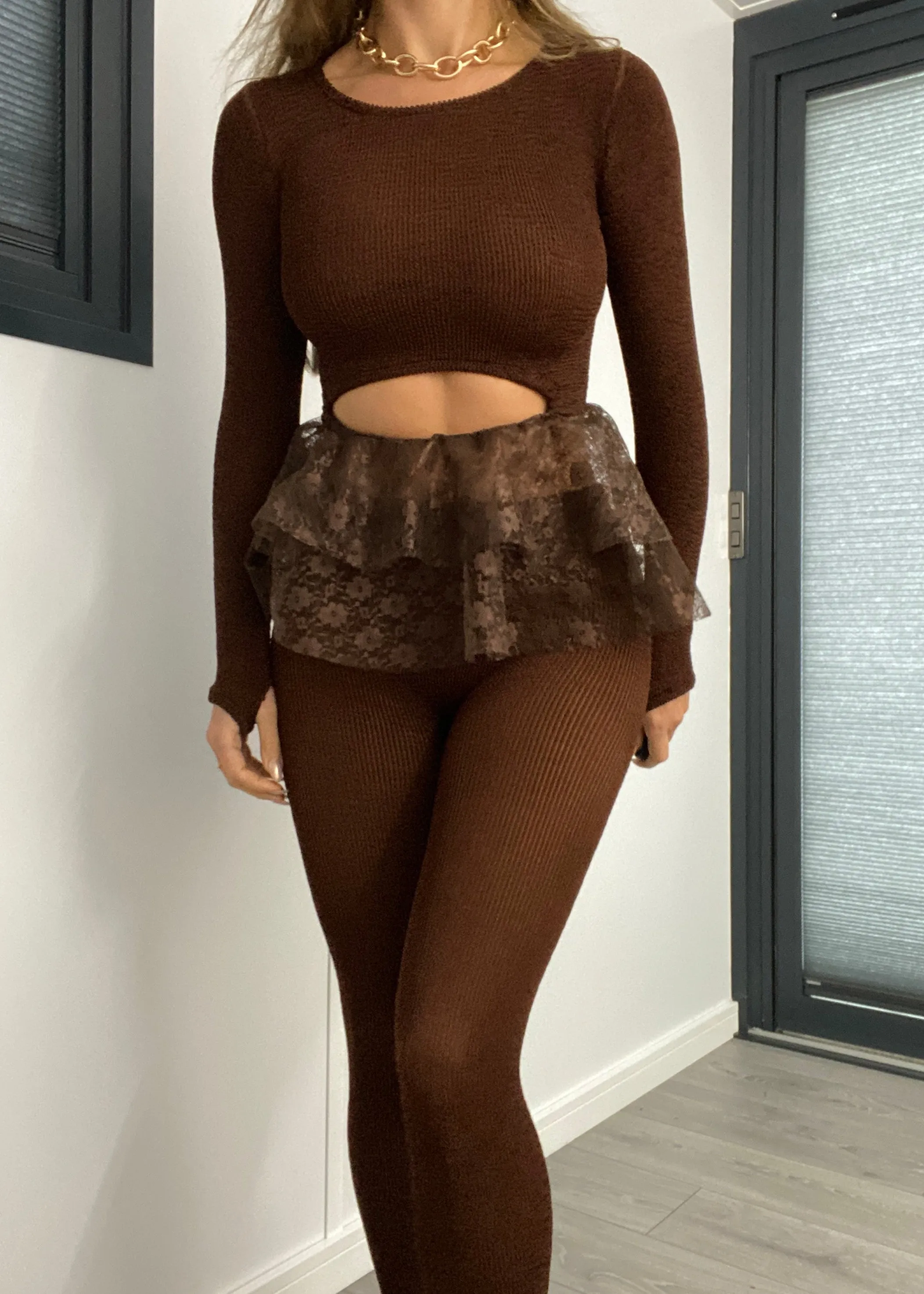 Crinkle Lace Peplum Top & Capris in Chocolate Brown