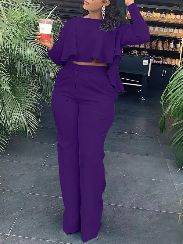 Crop Top Long Sleeve Shirt & Pants Set