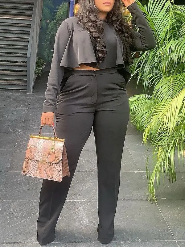 Crop Top Long Sleeve Shirt & Pants Set